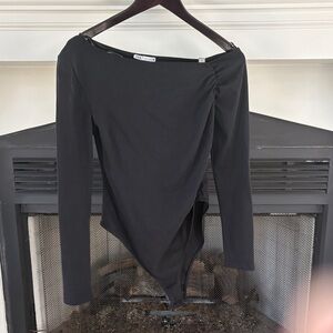 Zara Black Asymmetrical Long-Sleeve Bodysuit